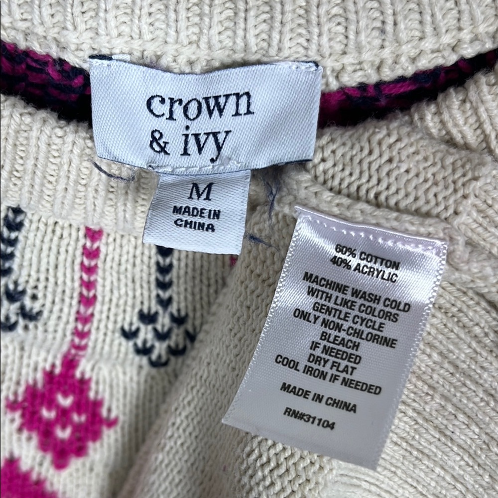 Crown & Ivy Cream Fair Isle Crew Neck Sweater Size M Long Sleeves Colorful Warm - Picture 5 of 8